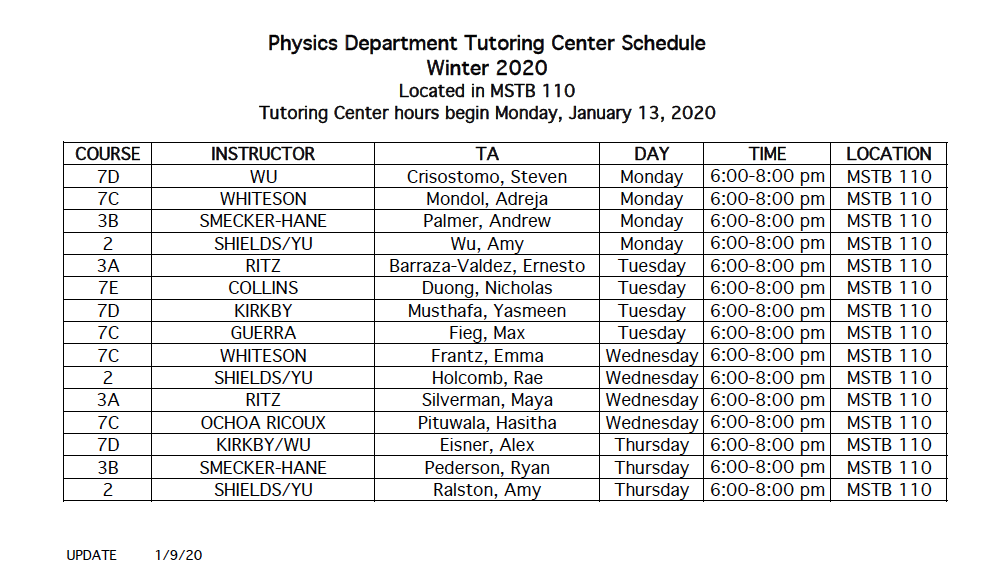 Tutoring Schedule | UCI Physics and Astronomy